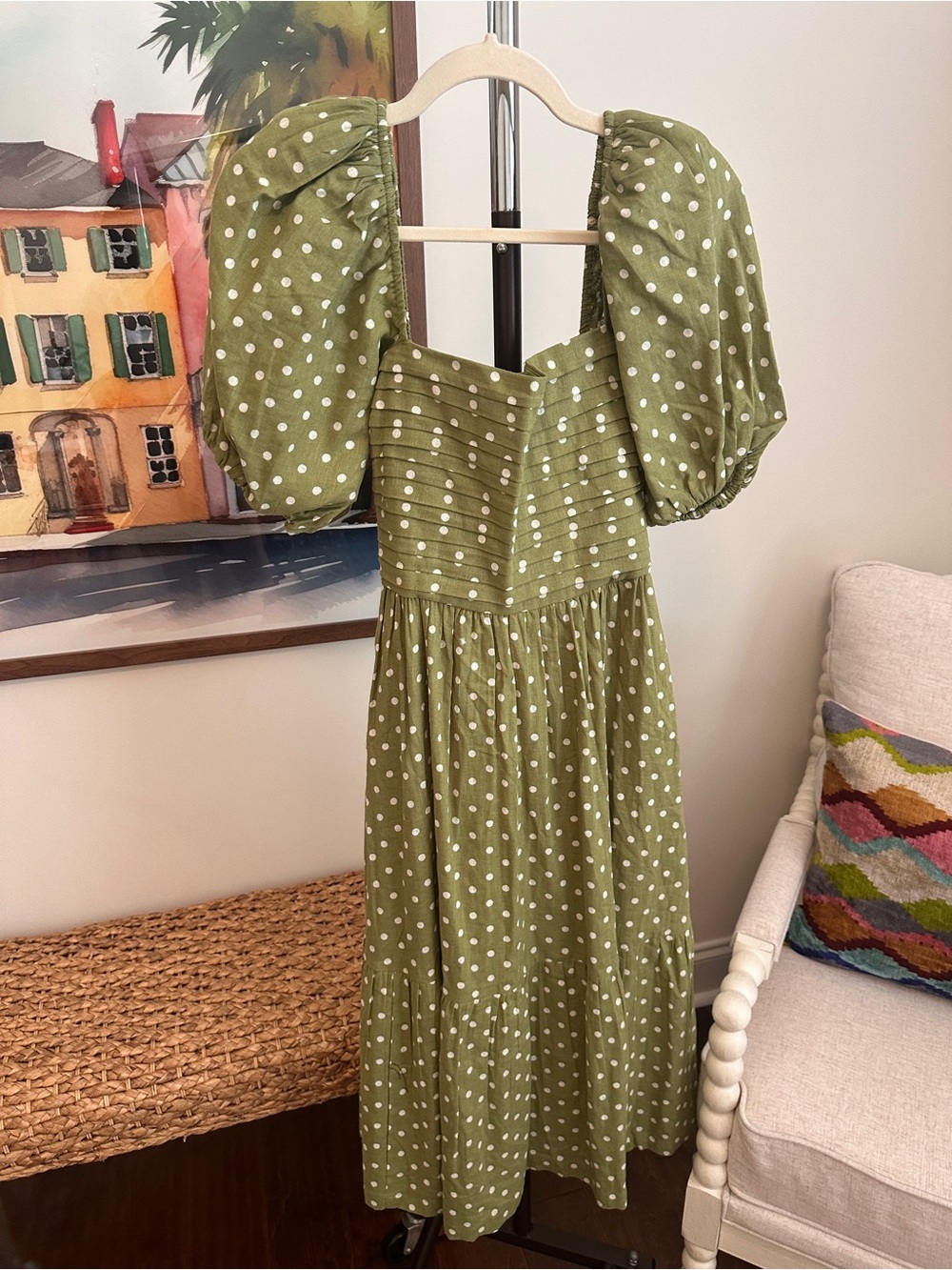 Abercrombie & Fitch Olive Green Polka Dot Puff Sleeve Midi Dress